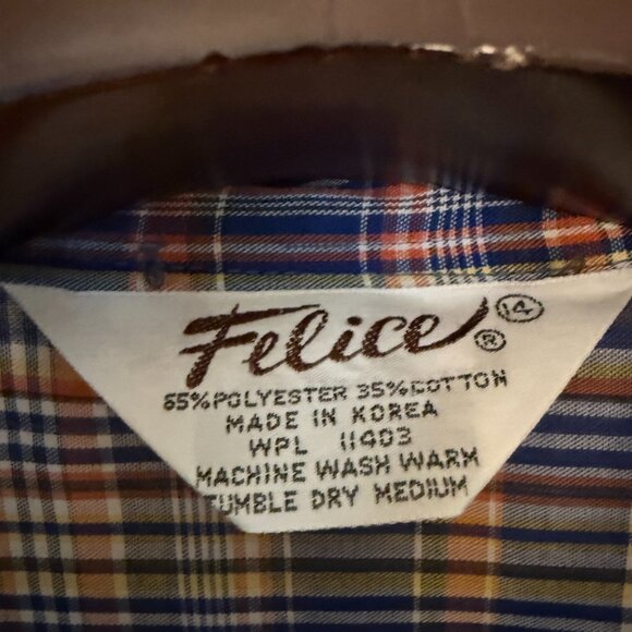 Vintage 70s Felive Blue Short Sleeve Check Plaid Button Down Shirt Large - Picture 5 of 10